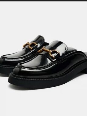 Zara Black Patent Leather Bit Loafers with Gold Hardware